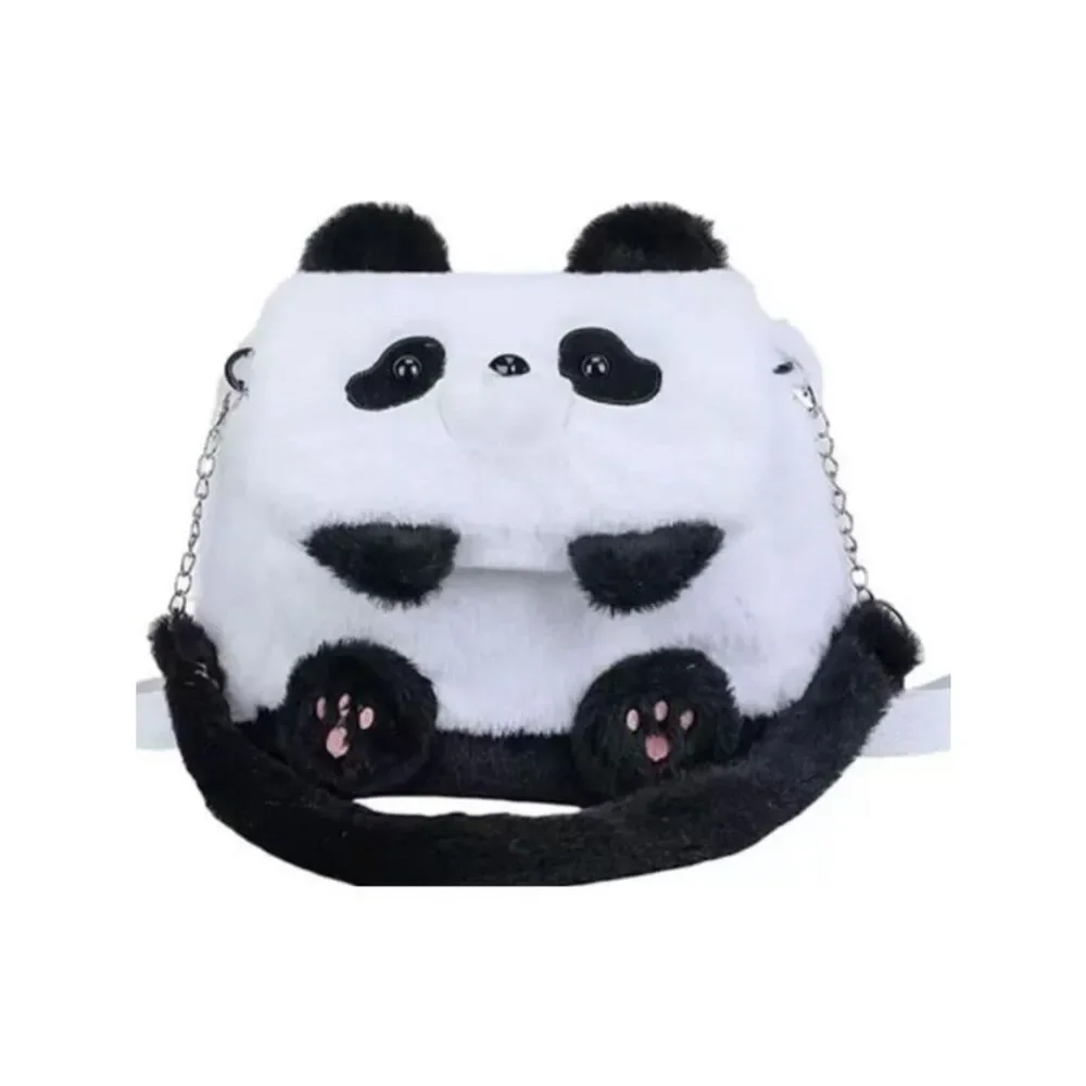 Plush Panda Bear Backpack Black White Convertible Shoulder Bag Faux Fur New